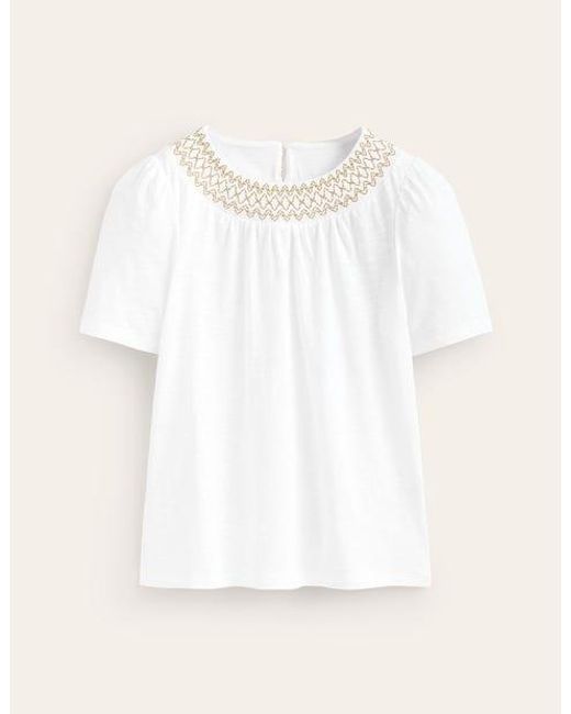 Boden Natural Smock Neck Puff Sleeve Top White, Gold Metallic