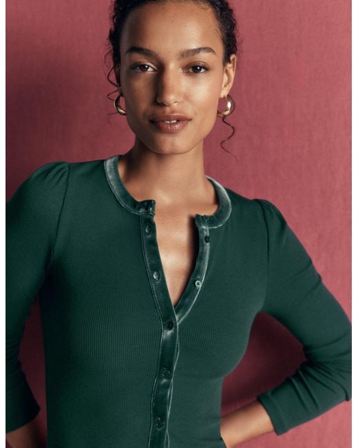 Boden Green Velvet Trim Ribbed Cardigan