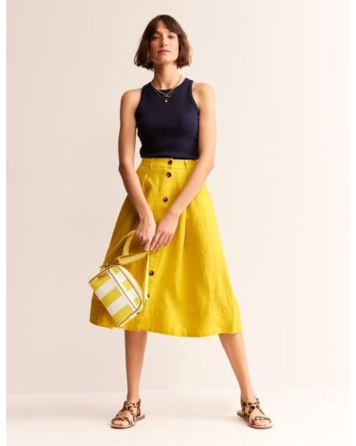 Boden Yellow Petra Linen Midi Skirt