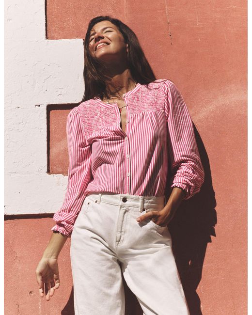 Boden Pink Elsa Smocked Yoke Jersey Shirt