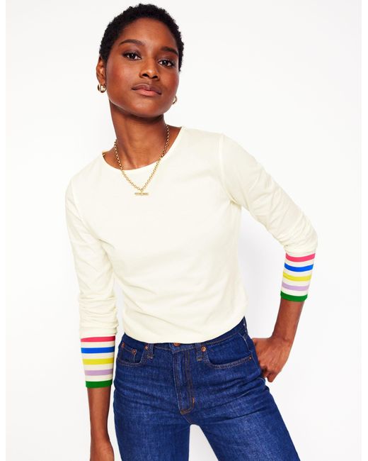 Boden White Stripe Cuff Top