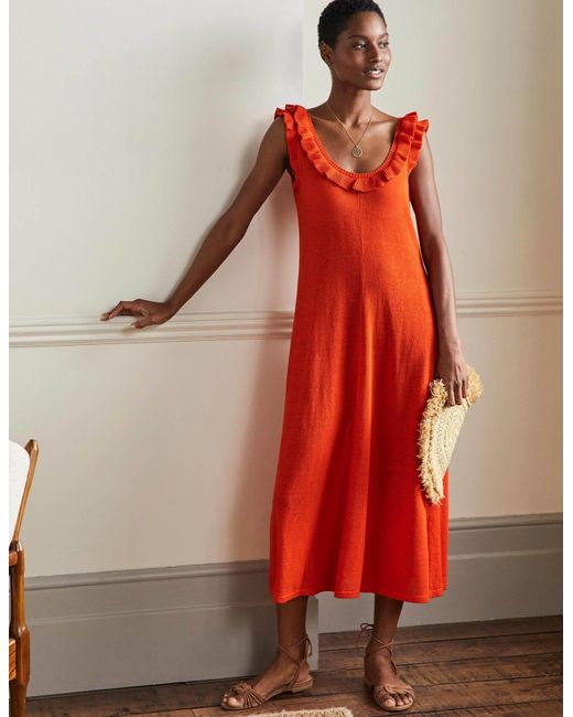Boden Linen Frill Neck Knitted Midi Dress Bright Papaya in Orange Lyst