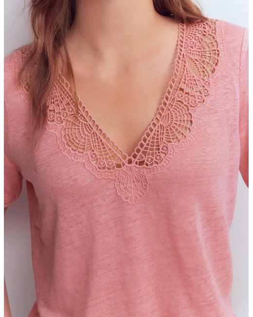 Boden Blue Tara Lace Trim Linen T-Shirt