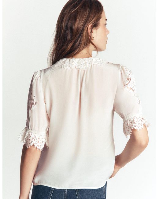 Boden Blue Ruffle V-Neck Lace Top