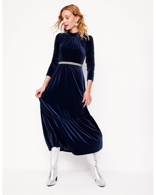 Boden Blue High Neck Tiered Velvet Dress