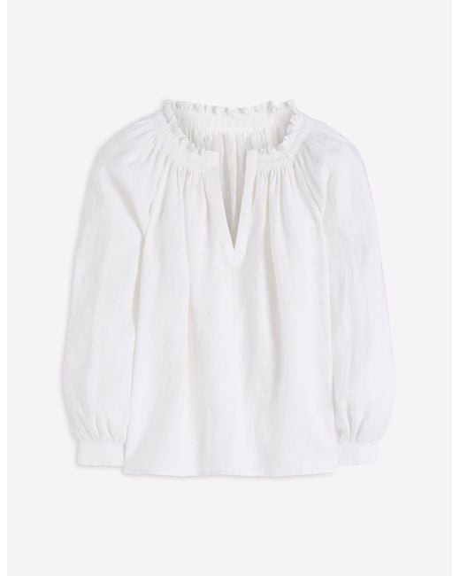 Boden White Serena Pleat Neck Linen Top
