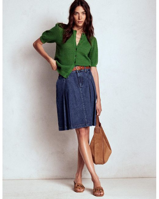 Boden Green Pleated Denim Skirt