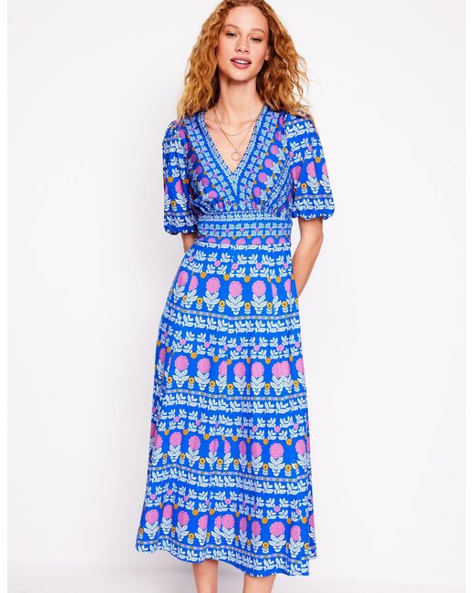 Boden Blue Ponte-Teekleid Mit Puffärmeln-Galerie-Blau, Dahliengarten