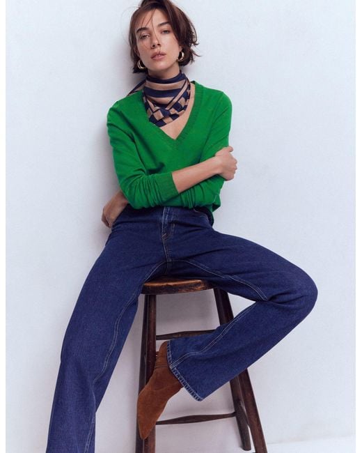 Boden Green Emilia Cotton V-Neck Jumper