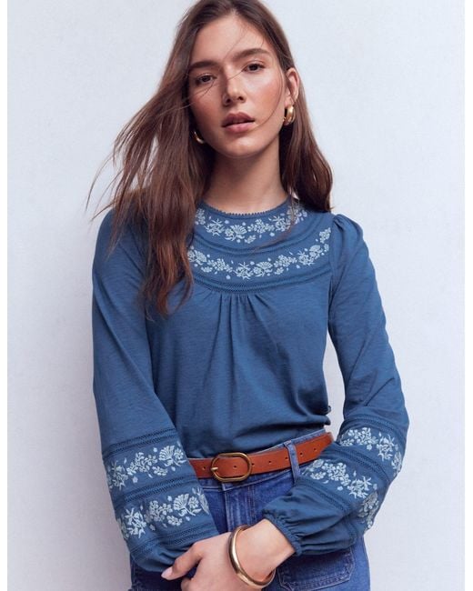 Boden Blue Rosie Embroidered Jersey Top