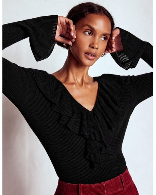 Boden Black Ruffled Rib Henley Jumper