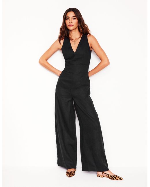 Boden Black V-Neck Linen Jumpsuit