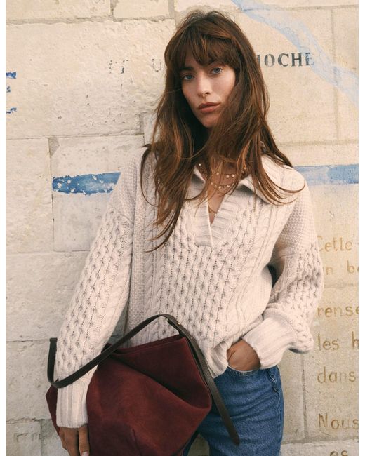 Boden Natural Collared Cable Knit Sweater