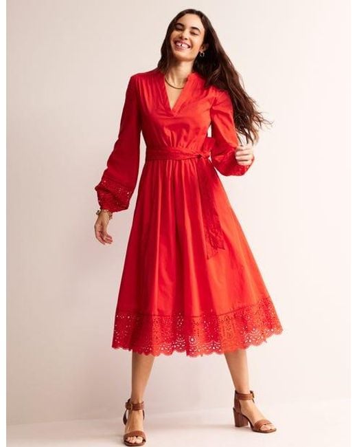 Boden Red Jen Broderie Cotton Midi Dress