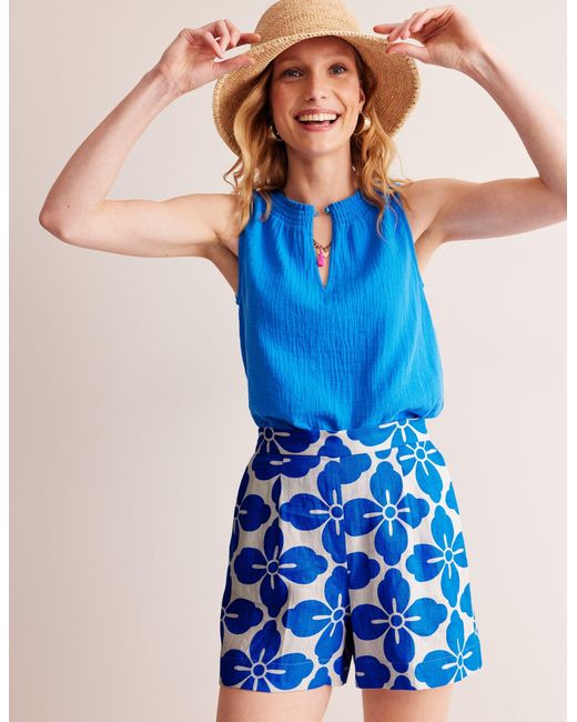 Boden Natural Hampstead Linen Shorts- Bunting, Floral Tile