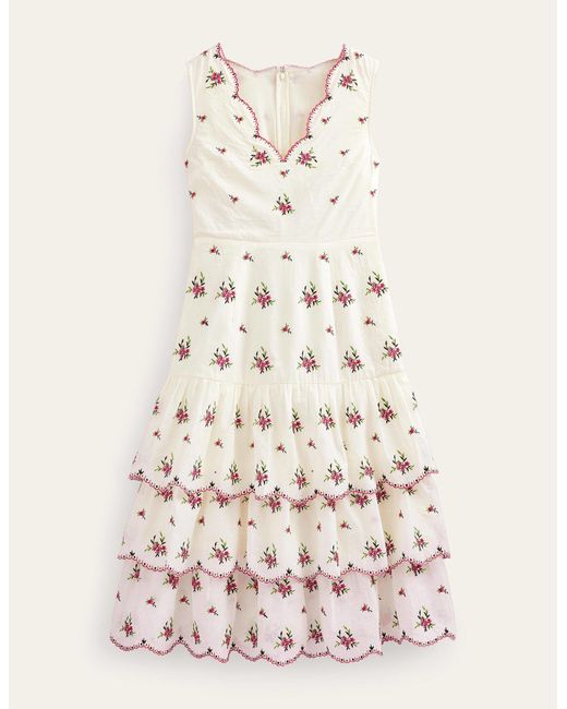 Boden Natural Embroidered Tiered Midi Dress