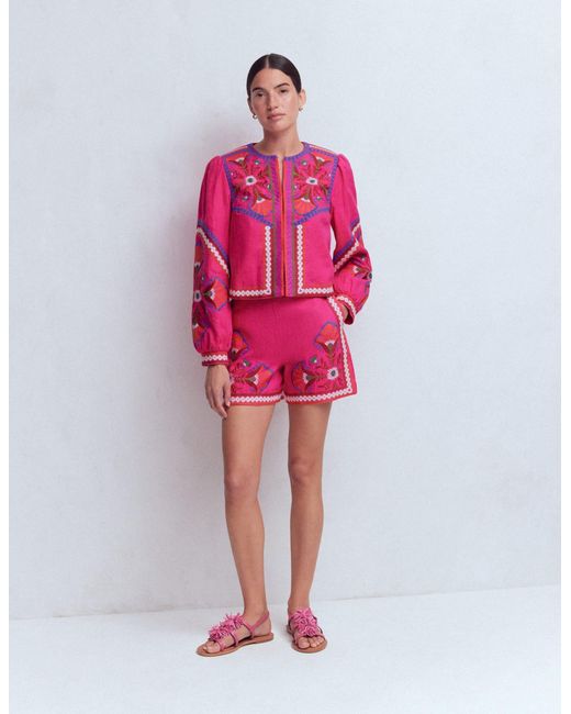 Boden Pink Embroidered Linen Shorts