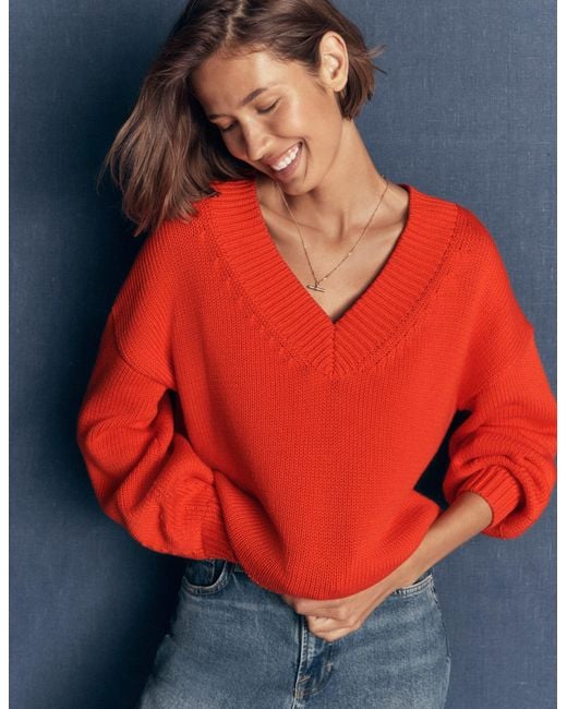 Boden Orange Lucy Cotton V-Neck Jumper