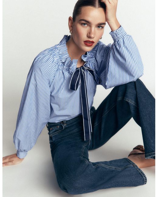 Boden Blue Bow Neck Ruffled Top