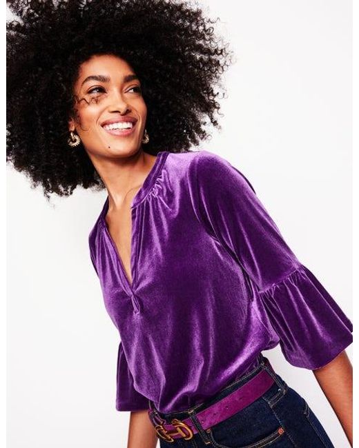 Boden Purple Notch Neck Frill Velvet Top