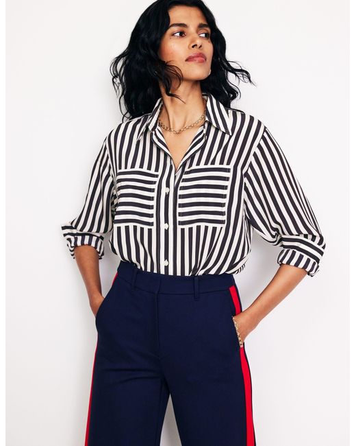 Boden Black Connie Relaxed Silk Shirtnavy Stripe