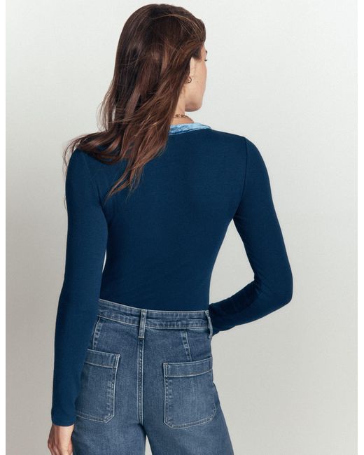 Boden Blue Velvet Trimmed V-Neck Top
