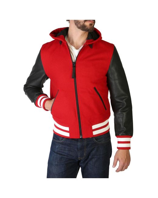 Tommy Hilfiger Leather Hooded Varsity Jacket in Red for Men - Save 60% |  Lyst