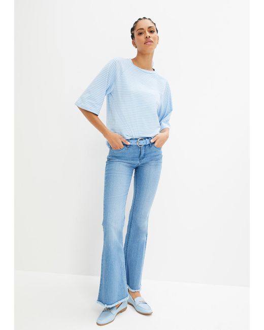 T-Shirt A Righe A Maniche Raglan Accollata di bonprix in Blue