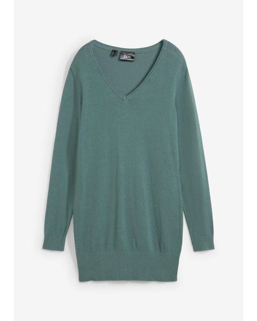 bonprix Green Feinstrick Longpullover Mit V-Ausschnitt