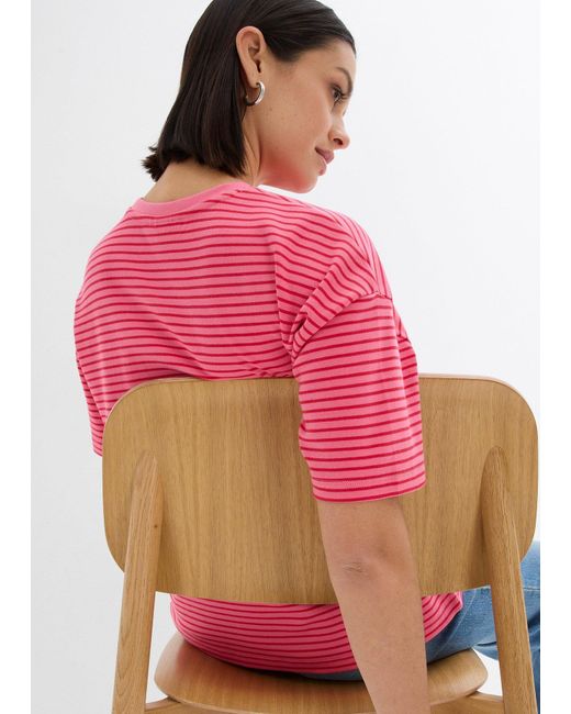 T-Shirt A Righe Con Ricamo di bonprix in Pink