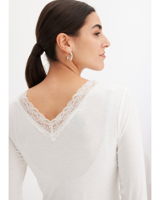 bonprix White Langarmshirt Mit Spitze