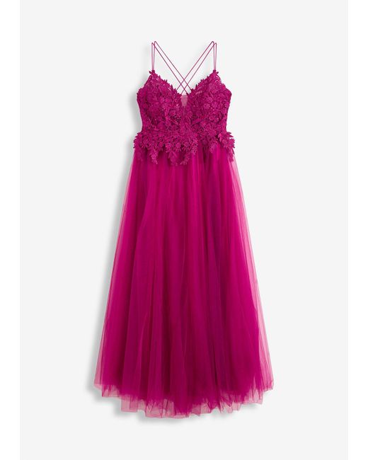 bonprix Pink Maxikleid Aus Zartem Tüll Mit Spitze