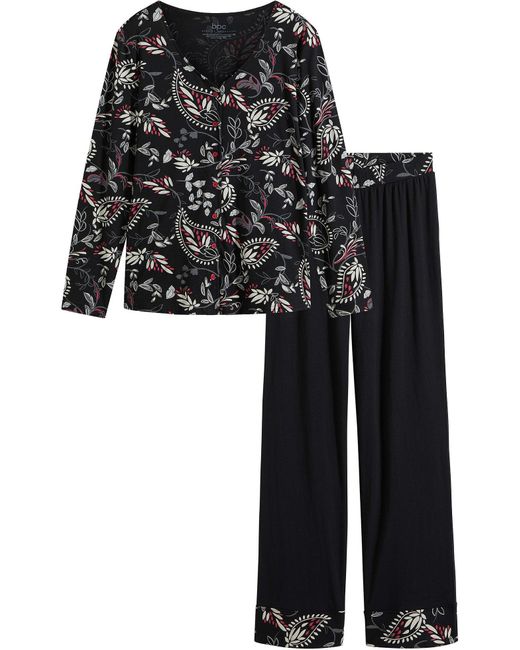 bonprix Black Pyjama Aus Bio-Baumwolle Mit Knopfleiste