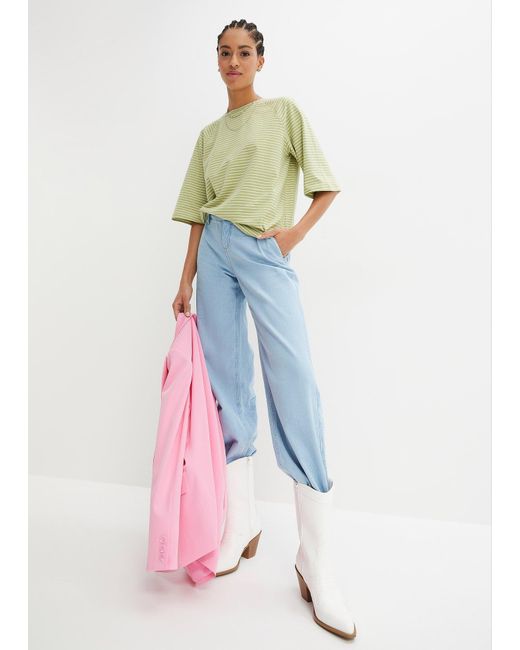 T-Shirt A Righe A Maniche Raglan Accollata di bonprix in Green
