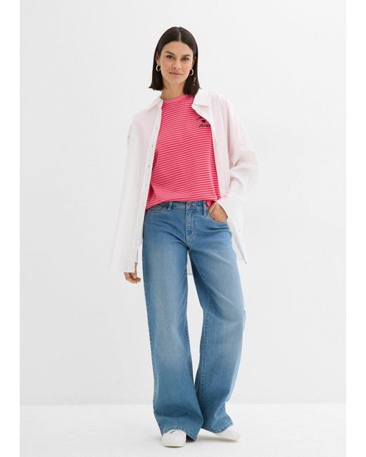 T-Shirt A Righe Con Ricamo di bonprix in Pink