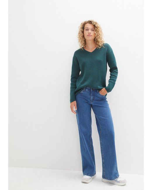 bonprix Green Milano Rib Pullover Mit V-Ausschnitt