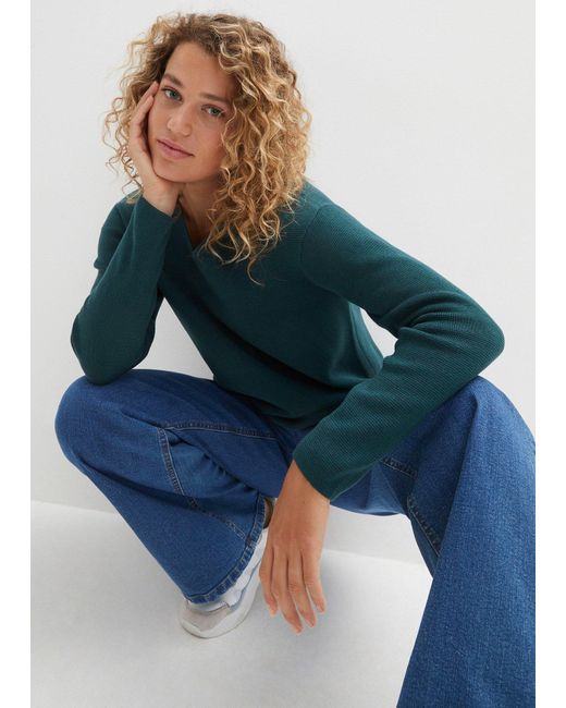 bonprix Green Milano Rib Pullover Mit V-Ausschnitt