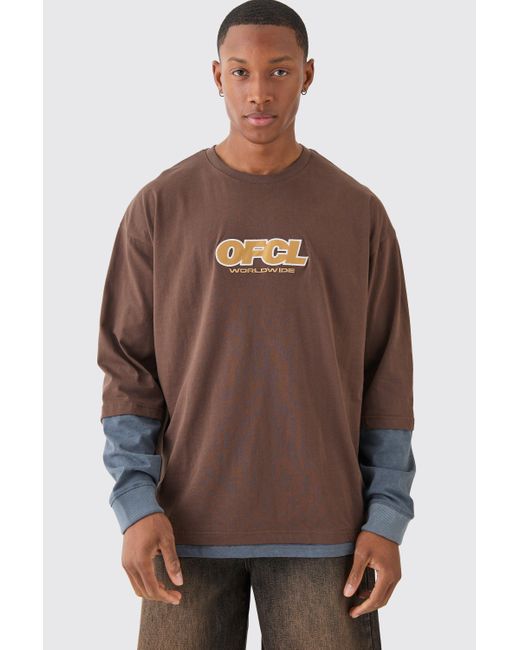 BoohooMAN Brown Oversized Washed Carded Heavy Ofcl Faux Layer T-shirt for men