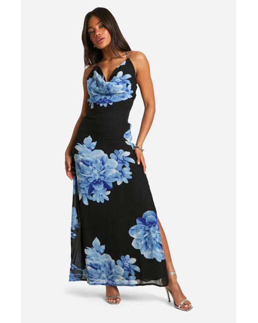 Floral Print Cowl Neck Maxi Dress Boohoo de color Blue