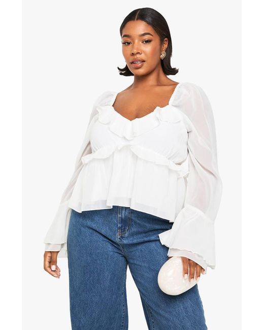 Boohoo White Plus Chiffon Ruffle Blouse
