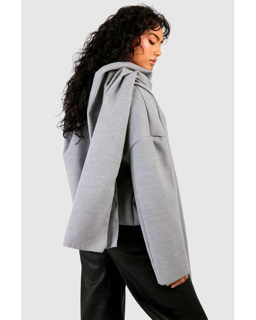 Boohoo Gray 2 In 1 Scarf Detail Wool Look Short Coat