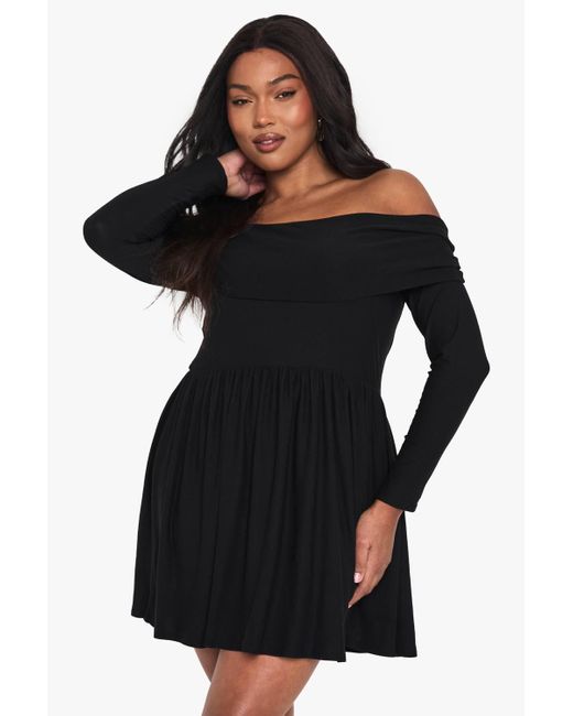 boohoo off shoulder skater dress boohoo Women's Satin Bardot Skater Mini Dress in Black