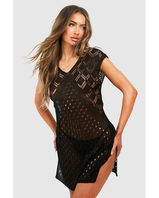 Boohoo Black Crochet Knit Cover-up Beach Dress