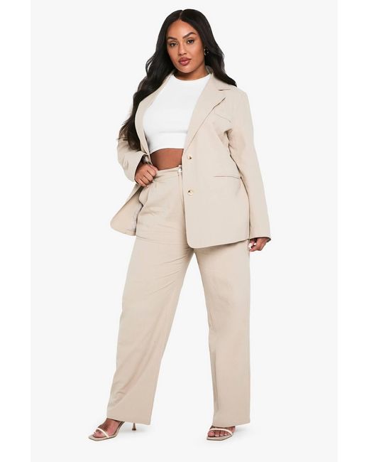 Boohoo Natural Plus Linen Elasticated Back Tailored Trouser