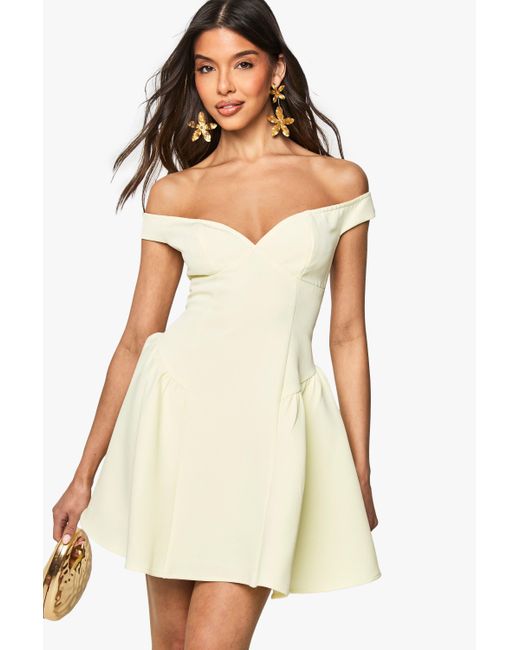 Boohoo White Bardot Structured Volume Skater Mini Dress