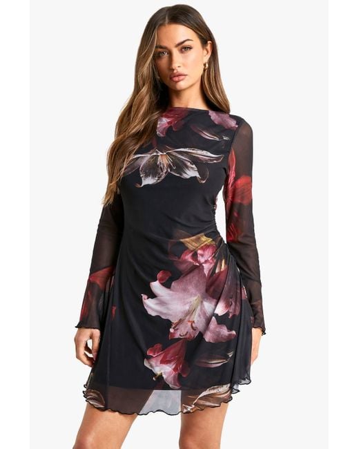 Boohoo Black Floral Printed Mesh A Line Mini Dress