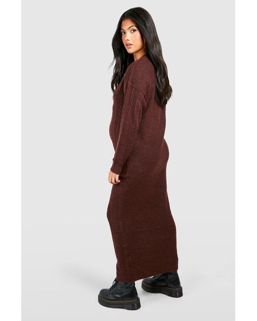 Boohoo Brown Maternity Cable Knit V Neck Midaxi Jumper Dress