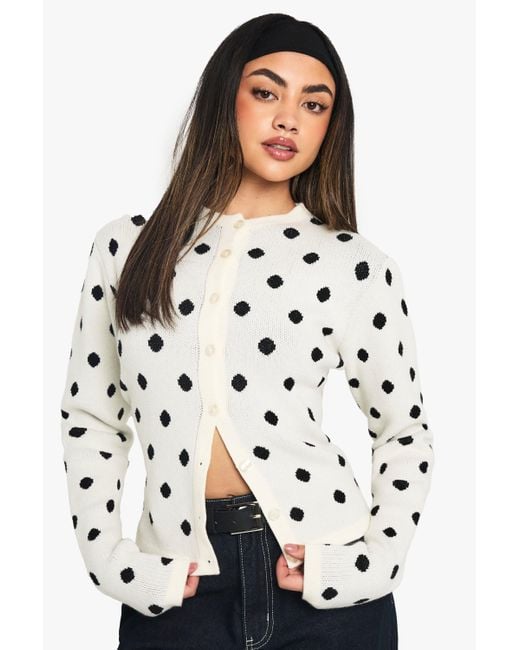 Boohoo White Polka Dot Crew Neck Knitted Cardigan