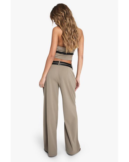 Boohoo Natural Woven Tailored Double Belted Straight Leg Trouser