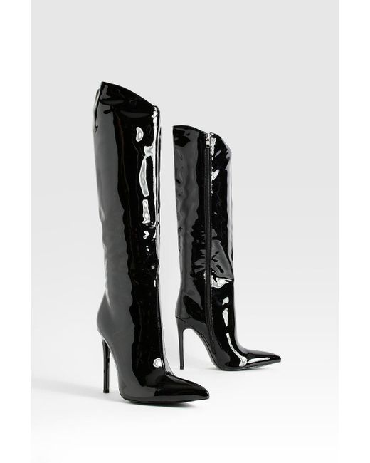 Boohoo Black Patent Stiletto Knee High Boots